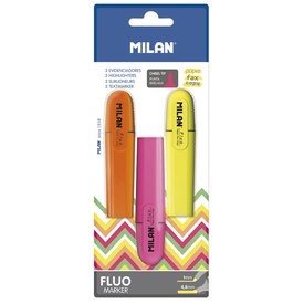 MILAN Blisterpackung 3 Fluo-Textmarker (Gelb. Orange Und Pink)
